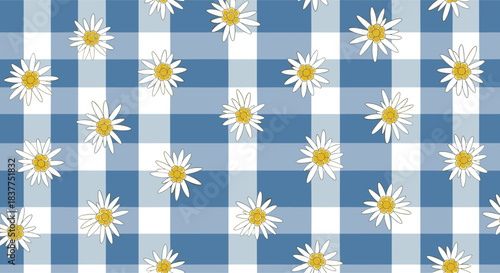 A charming seamless pattern of scattered white daisies with yellow centers over a classic blue and white gingham check background.