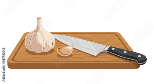 A detailed vector illustration of a whole garlic bulb, a single clove, and a sharp kitchen knife on a wooden cutting board.