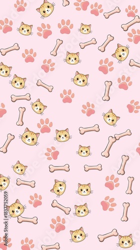 Cute, whimsical pattern of cartoon cat bones and pink paw prints on a vertical background, ideal for pet products, children's designs, or animal-themed projects.