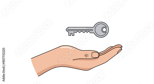 A simple cartoon illustration of a hand held open with a silver house key floating just above the palm on a white background.