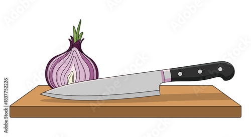A clean vector illustration of a sharp chef's knife and a halved red onion resting on a light wooden cutting board.