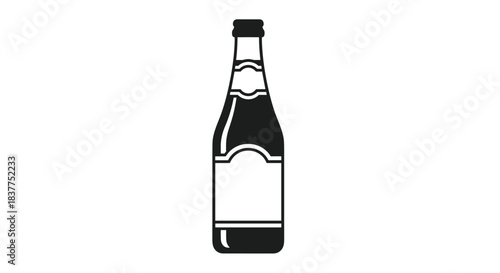 A simple black and white silhouette icon of a classic beer bottle with a blank label area, isolated on a white background.