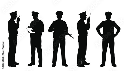 Silhouettes of five police officers in uniform with equipment.