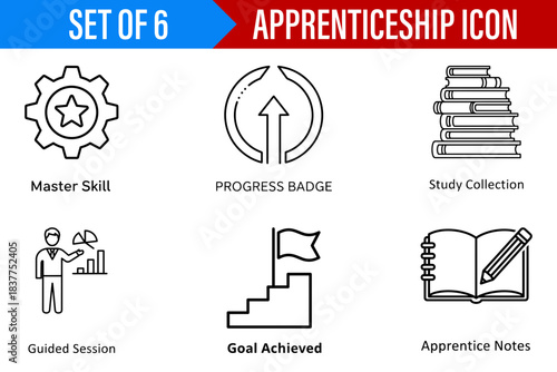 Set of six apprenticeship icons showcasing master skill progress badge study collection and goal achievement notes