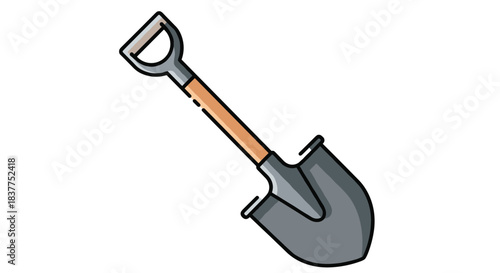 A simple and colorful cartoon icon of a sturdy shovel or spade with a wooden handle and a metal blade.