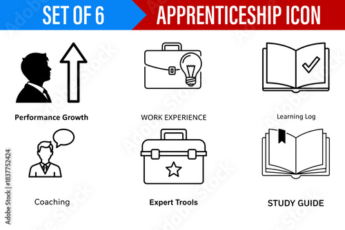 Illustration set showcasing apprenticeship icons including growth coaching and study guide tools and experience