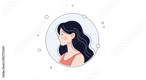 A lovely cartoon portrait of a young woman with long dark hair, shown in profile view inside a decorative circular frame.