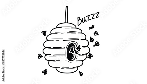 A beehive with bees buzzing around it.