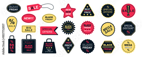 Big Collection tags and stickers for Black Friday sales. Various geometric shapes with inscriptions. Big Set for sales, discounts, Black Friday, Cyber Monday and stores. Set on white background