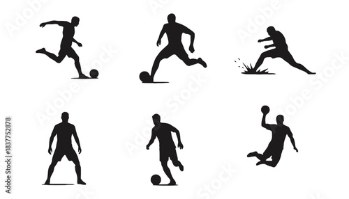 Silhouettes of soccer players in various action poses on a white background.