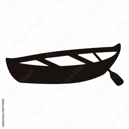 Rowboat Silhouette Icon Isolated- Black rowboat silhouette with paddle, isolated on white background, representing water transport, boating, fishing, travel, and minimal nautical design