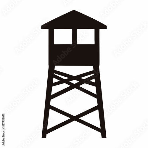Silhouette of guard tower with observation deck and crisscross leg supports