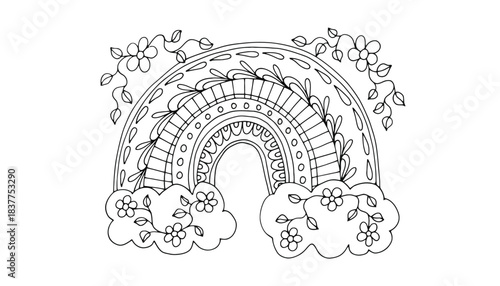 A decorative rainbow with floral elements and clouds is drawn in black and white.