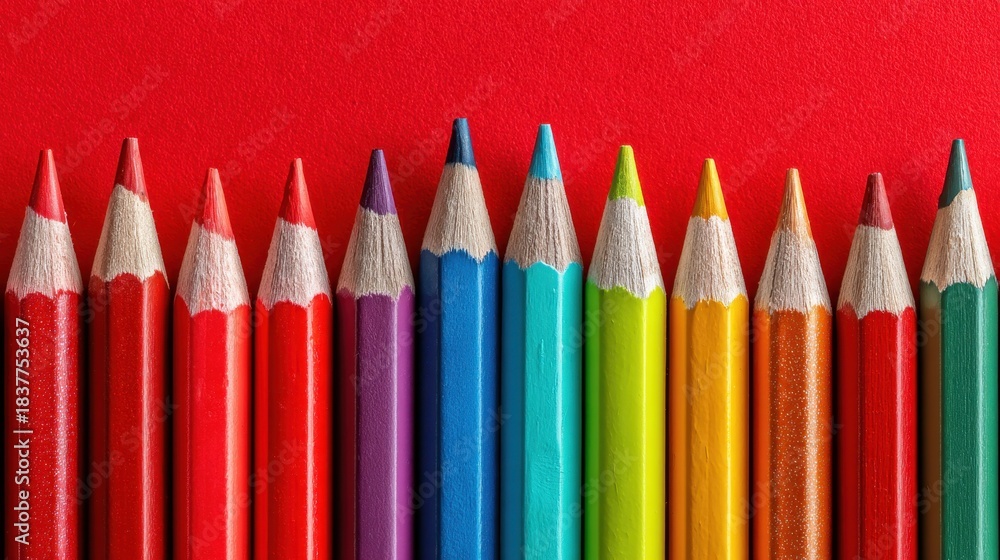 Fototapeta premium A vibrant display of colored pencils lies neatly aligned on a bright red background. Each pencil showcases a unique hue, perfect for various creative projects.