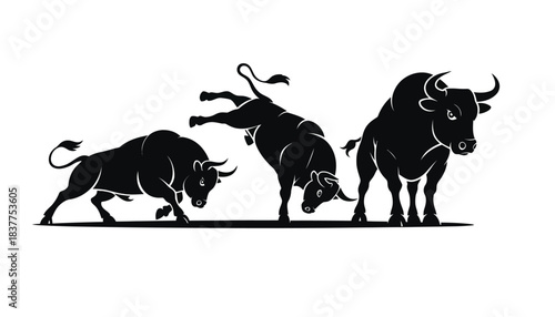 Three black bulls in silhouette are depicted in various poses on a white background.