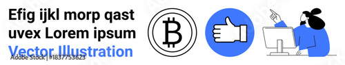 Cryptocurrency, blockchain, teamwork, social interaction, financial tech, and digital communication. Bitcoin symbol, thumbs up icon and person collaborating at a computer screen. Cryptocurrency
