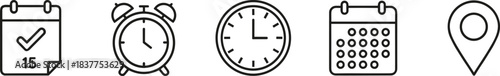 Minimal line icon set featuring calendar dates, alarm clock, wall clock, monthly planner, and location marker for scheduling, reminders, organization, productivity, and time management