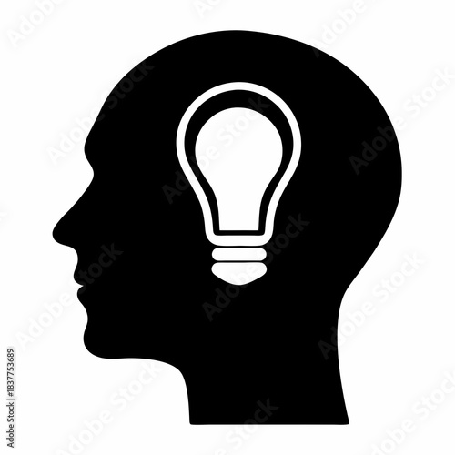 Lightbulb in the Head, Symbolizing Thoughts and Creativity, Black and White