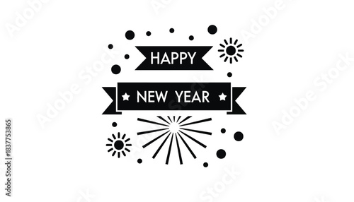 Happy New Year banner with fireworks and confetti illustration