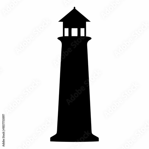 Black and white lighthouse on rocks standing tall against a white background