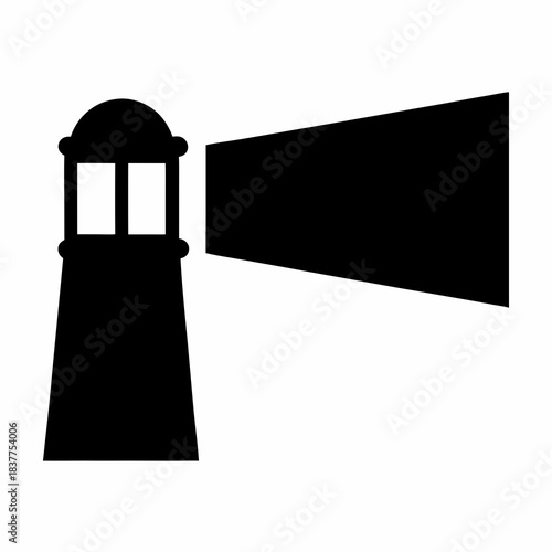 Black and white lighthouse on rocks standing tall against a white background