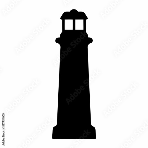 Silhouette of a black lighthouse against a white background shining brightly