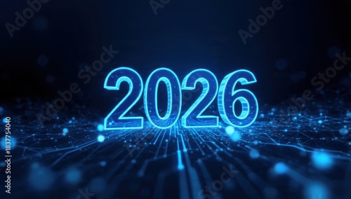 Futuristic 2026 Glowing Neon Number on Dark Blue Digital Technology Background. Abstract Network Grid Lines and Bokeh Lights Symbolizing Innovation, Data, and High-Tech Future.