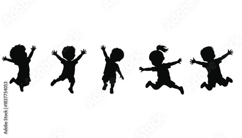 Silhouettes of five children jumping with joy against a white background.
