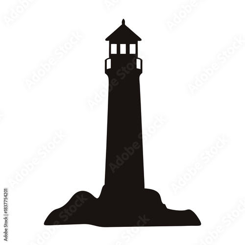 Black and white lighthouse on rocks standing tall against a white background