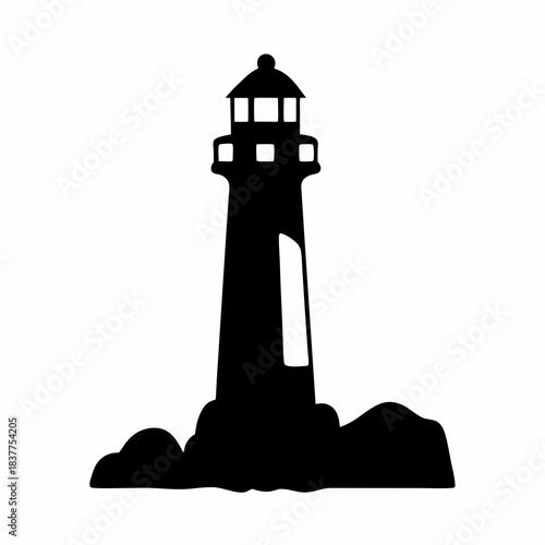 Black and white lighthouse on rocks standing tall against a white background