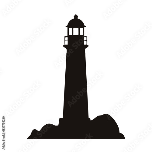 Black and white lighthouse on rocks standing tall against a white background