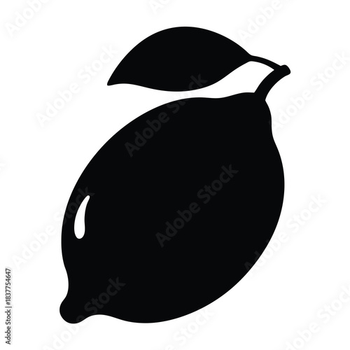 Stylized Lemon Fruit with Leaf in Black Silhouette Against White Backdrop
