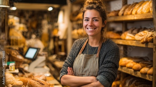 A young woman stands confidently in her bakery, smiling while surrounded by shelves full of various loaves. The warm lighting enhances the inviting atmosphere.