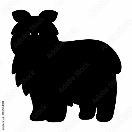 Silhouette of a fluffy, small dog breed with a heavy coat, black shadow