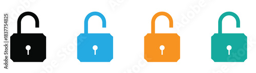  unlocked padlock icon representing security and access. Four colorful unlocked padlock icons showing access granted.