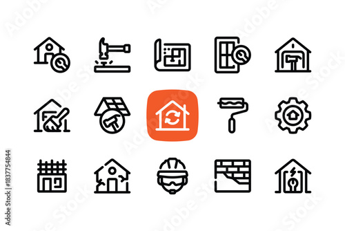Outline house repair icon set