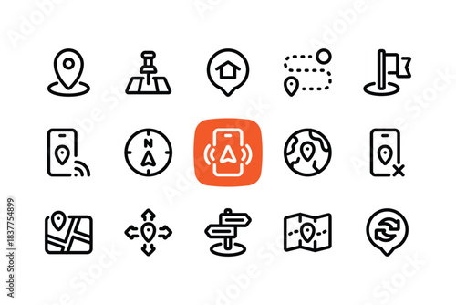 Outline map and navigation icon set