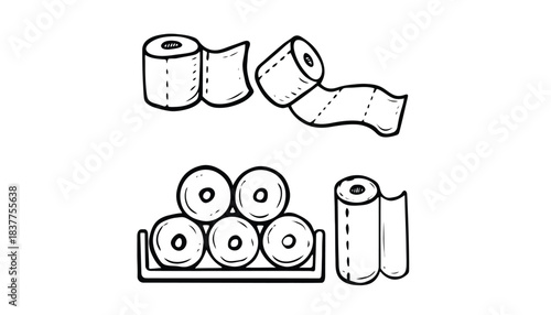 Rolls of toilet paper are depicted in a simple line drawing.