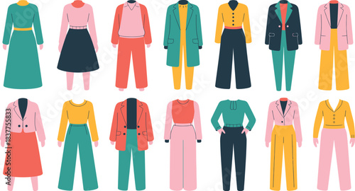 Colorful Fashion Outfits Dresses, Pantsuits, and Coordinating Separates on White Background