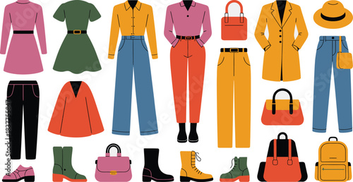 Colorful Flat Fashion Illustration Dresses, Pants, Shirts, Coats, Shoes, and Bags