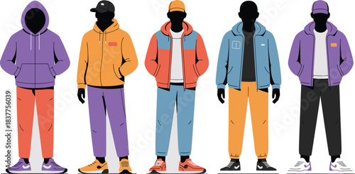 Diverse Fashion Illustration Five Stylized Characters Wearing Streetwear Outfits, Featuring Hoodies, Jackets, Pants, and Sneakers