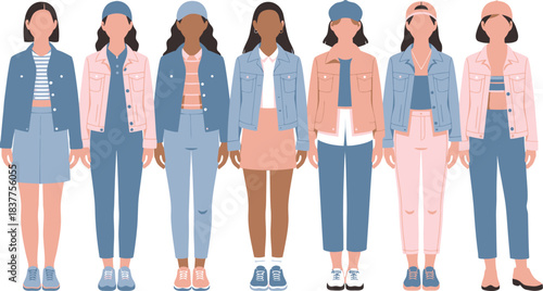 Diverse Fashion Illustration Women Wearing Pink and Blue Denim Jackets with Hats and Sneakers