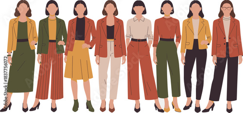 Diverse Fashion Outfits Group of Faceless Women in Stylish Blazers, Skirts, Dresses, and Pants Illustration