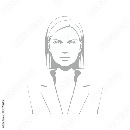 A cartoon vector illustration of a woman's face with fashion hair, eyes, lips, and a smile, in black art style for business design