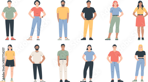 Diverse Group of Cartoon People Posing, Featuring Colorful Clothing and Various Hairstyles Illustration