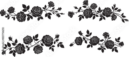 Elegant black silhouette rose floral border designs collection with blossoming flowers and delicate buds for decorative graphic elements and timeless design projects