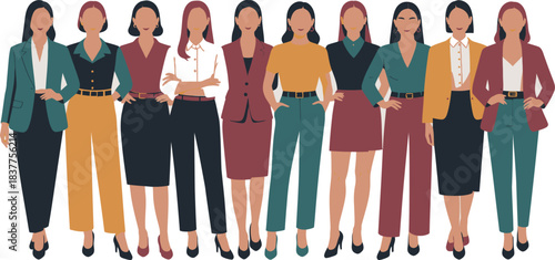 Diverse Group of Stylized Women Wearing Business Attire Art Illustration on White Background