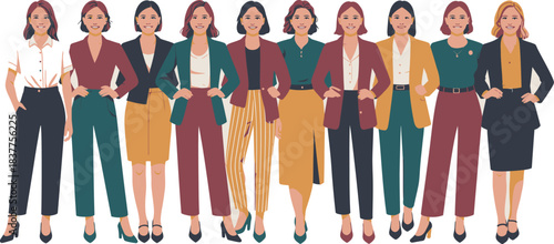 Diverse Group of Stylish Business Women in Professional Attire, Fashion Illustration