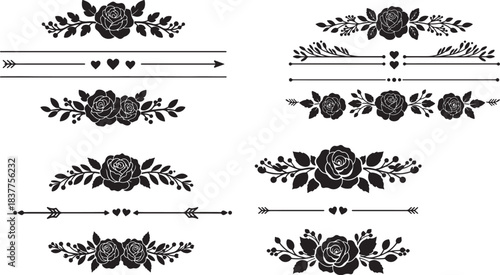 Elegant black floral dividers and borders. rose, leaf, branch, heart, arrow motifs. perfect for wedding invitations, certificates, art.