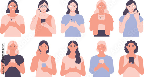 Diverse Group of Women Using Smartphones Illustration of Connection and Modern Communication with Technology